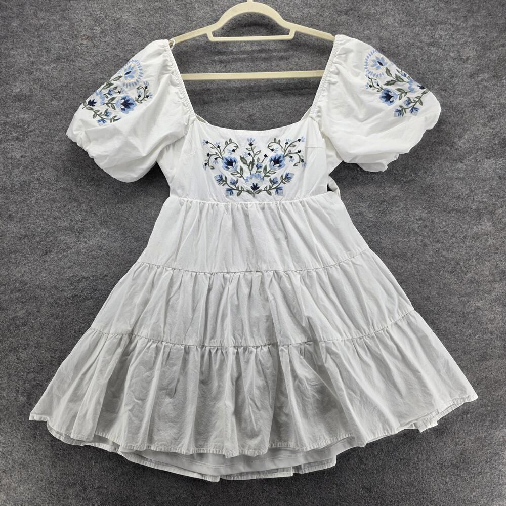 Mi Ami Dress Womens Small White Embroidered Puff Sleeve Tiered Boho Mini Summer